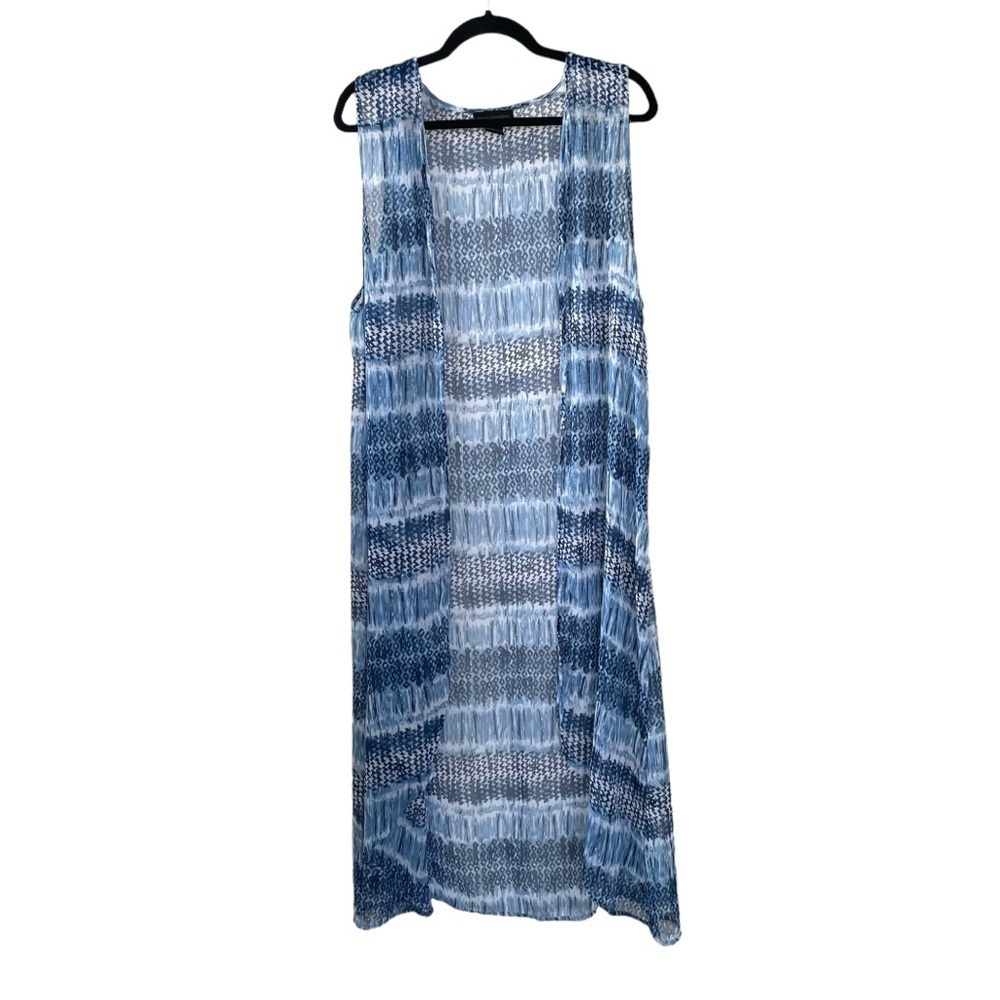 STEVE MADDEN Sleeveless Open Front Long Duster Kimono Blue White